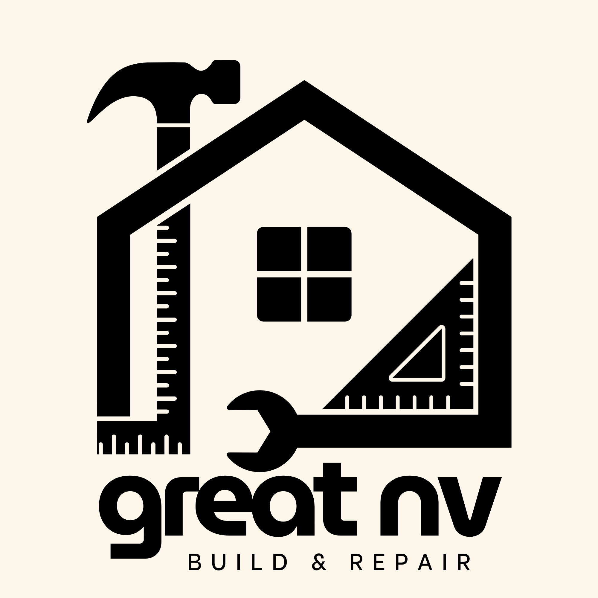 Logo van Great NV: een huis opgebouwd uit een hamer, rolmaat, winkelhaak en steeksleutel.